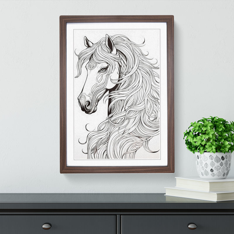 Horse Line - Single Picture Frame Print on Wood, 64cm H x 46cm W x 2cm D, Walnut