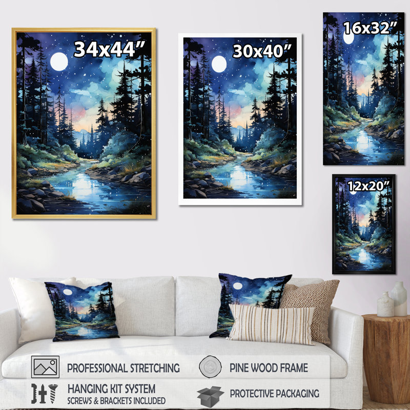 «Blue Pine Tree Midnight Serenity IV», reproduction d'un seul cadre photo sur toile, Cadre photo argenté