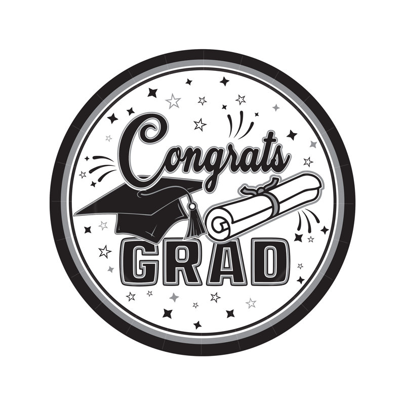 Assiettes en papier noir Congrats Grad, 7 po, 18 assiettes / paquet, Black