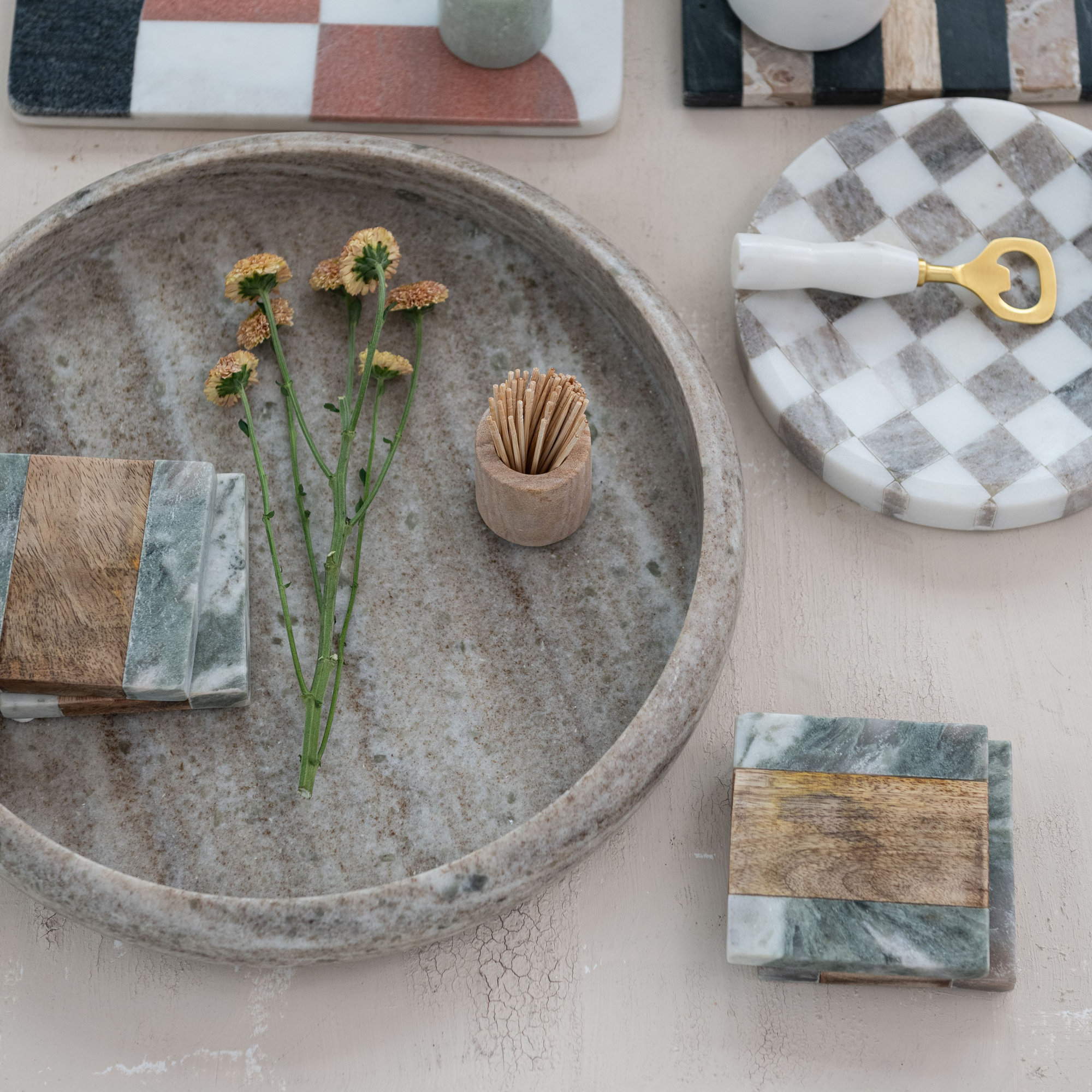 Round Marble Checkered Cheese And Serving Tray