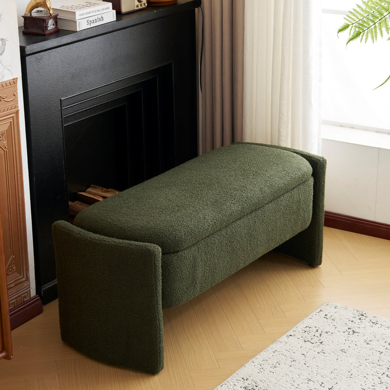 Elegant Dark Green Boucle Long Storage Ottoman Bench