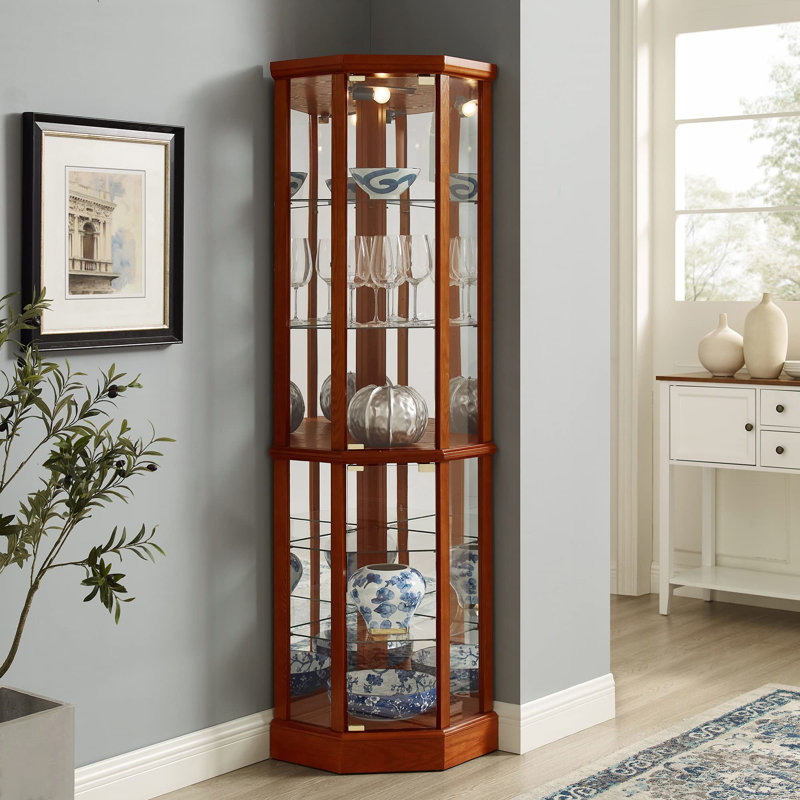 6 Shelf Lighted Corner Curio Cabinet With Adjustable Tempered Glass Shelves And Mirror Back, Oak(E26 Light Bulb Not Included)