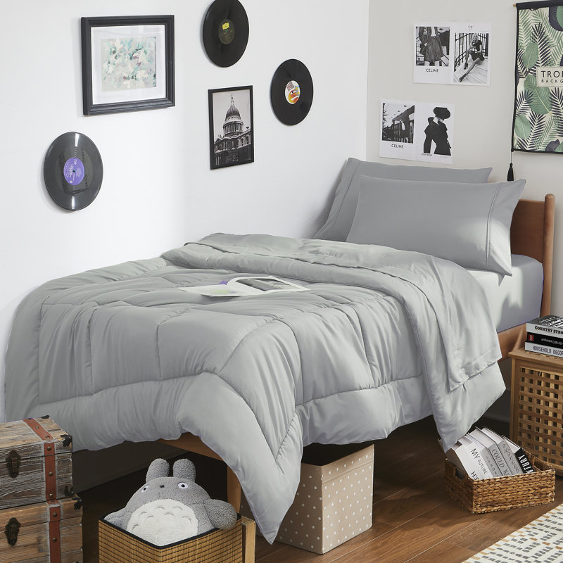 7PC Campus Ready Dorm Twin XL Bedding Bundle, Solid Comforter, Pillows And Sheet Set, Silver