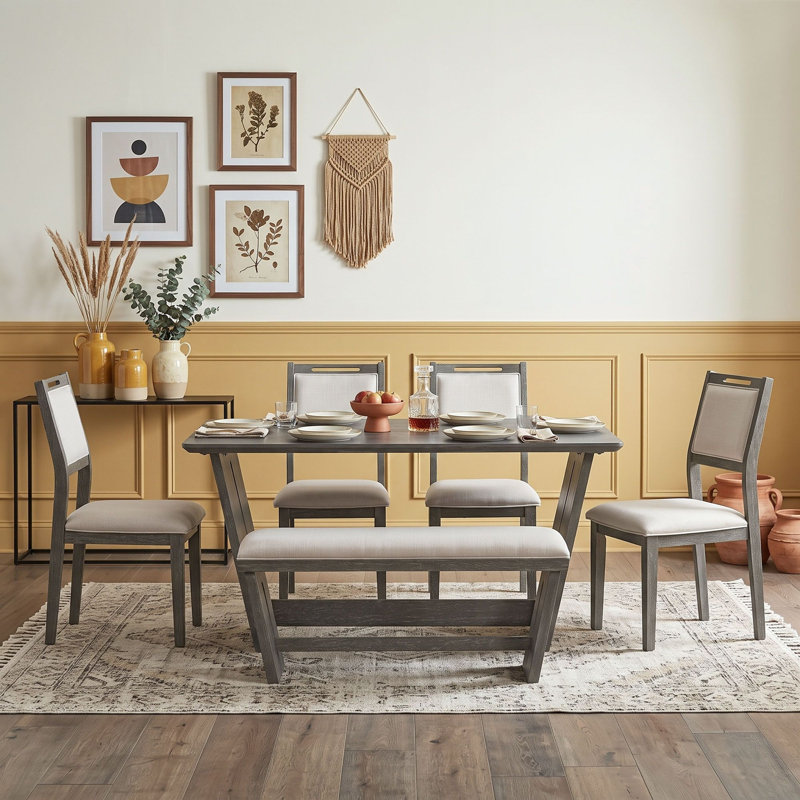 Ensemble de table de salle à manger en bois avec banc rembourré et chaise, Gris