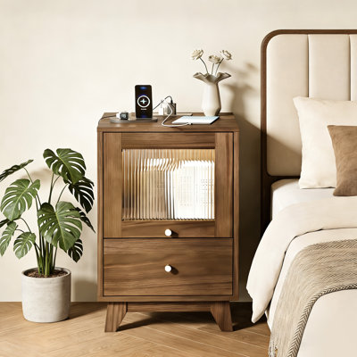 Walnut Finish Brottman 16 Inch With 2 Drawers 3 Outlets USB Type C US Plug RGB LED Lights
