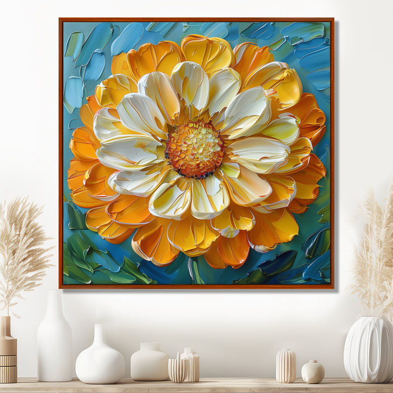 Peinture jaune jaune souci en fleurs I - décoration murale souci, Cadre flottant brun, H 30 po x l 30 po x P 1 po