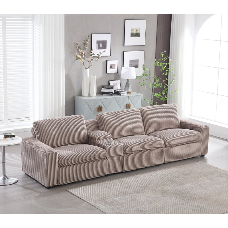 Arealious 136.6'' Modern Corduroy Power Reclining Sofa With Cupholder Wireless Charging Storage USB, Mushroom Taupe Corduroy