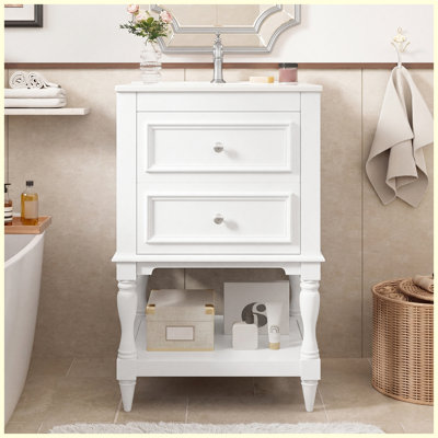 20" Retro Bathroom Vanity with Ceramic Sink, Storage Cabinet with Open Shelf & 2 Drawers