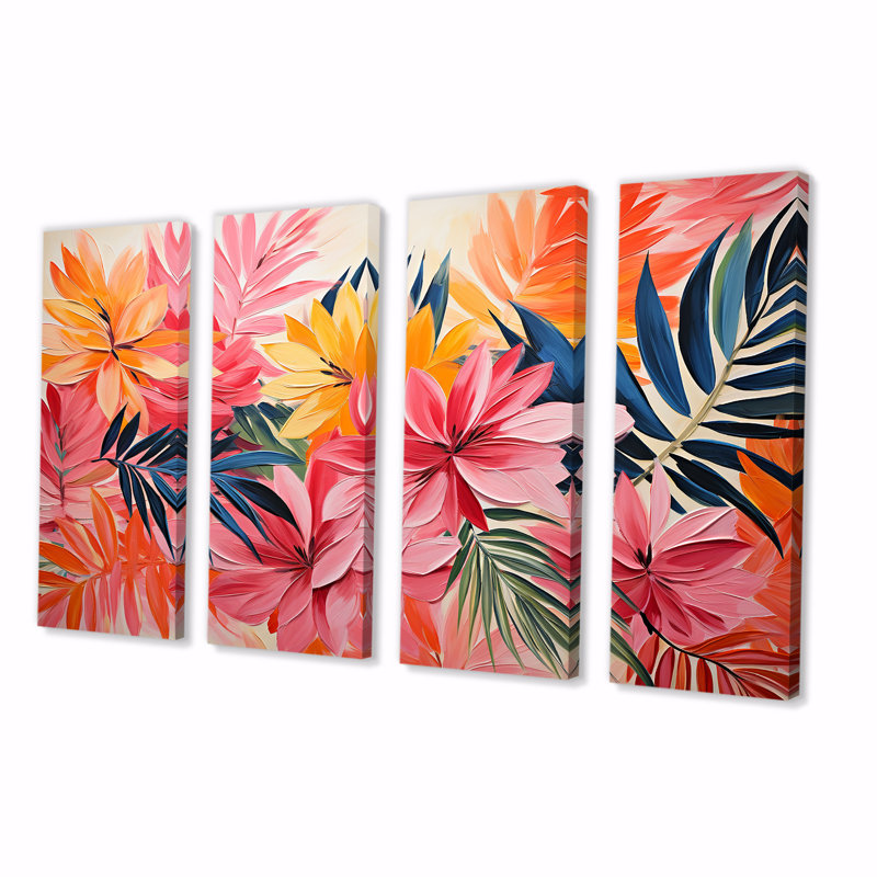 «Rose Floral Tropical Jungle» par Matisse I, art mural 4 pièces, H 32 po x l 64 po