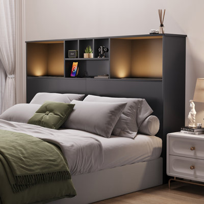 Modern Wooden Bookcase Headboard with Adjustable LED Lights & Charging Station – Queen & King Sizes, Scroll Down for Assembly Video