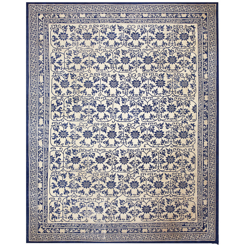 Exciting Ivory Background Geometric Blue Floral Design Antique Chinese Peking Rug