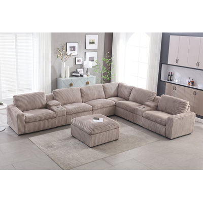 9 Piece Modern Corduroy L Shaped Power Reclining Sectional Couch with Storage & Wireless Charging
