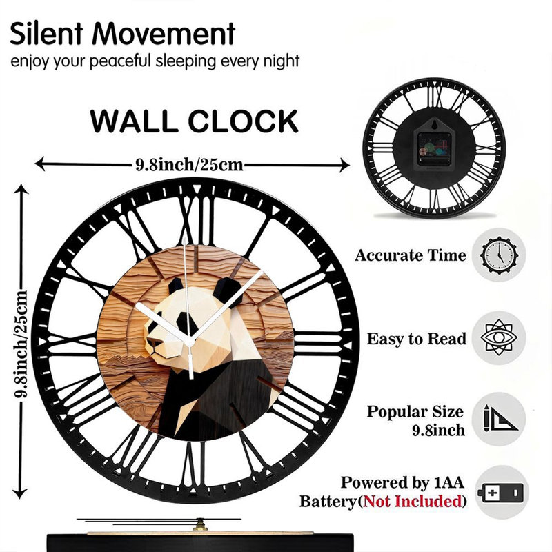 Horloge murale ronde en fer 10 po avec mouvement à quartz silencieux, chiffres romains, impression UV, Panda