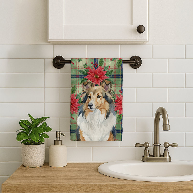 Sable Sheltie Christmas PoinsettIas Kitchen Towel, Sable Sheltie