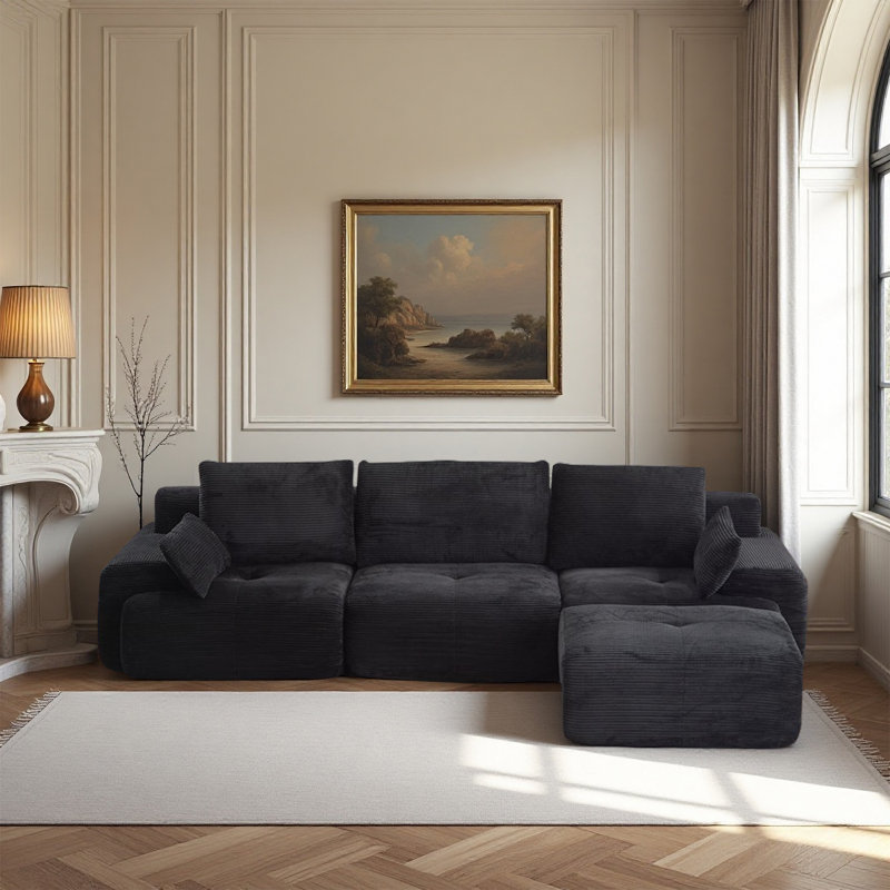 Canapé noir moderne en mousse à mémoire de forme compressée, grands canapés modulaires pour le salon, canapé modulaire Cloud pour animaux de compagnie, tissu en velours côtelé, causeuse très profonde, sans assemblage avec coussins