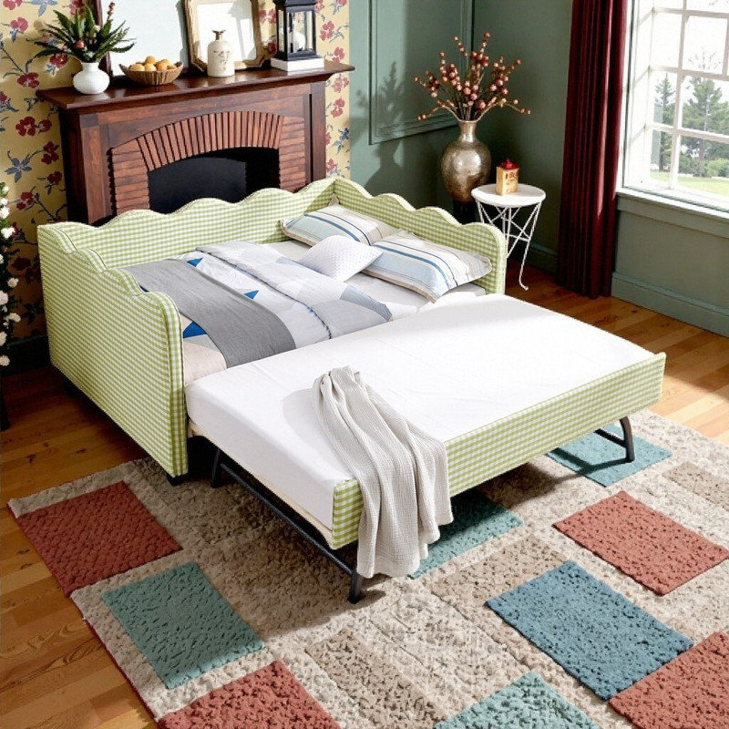 Lit de jour en lin double avec couchette simple, port de charge USB, lit Wave, Vert