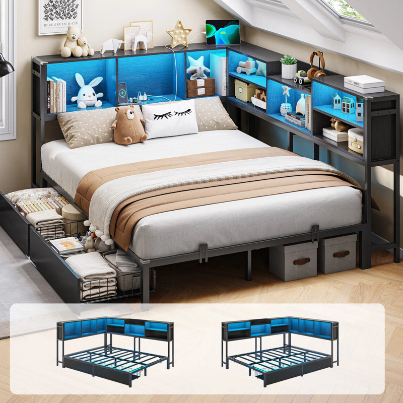 Daybed With 2 Underneath Storage Drawers And Charging Station, L-shape Corner Bed Frame With Storage Bookcase And Led Lights For Living Room, Bedroom & Guest Room