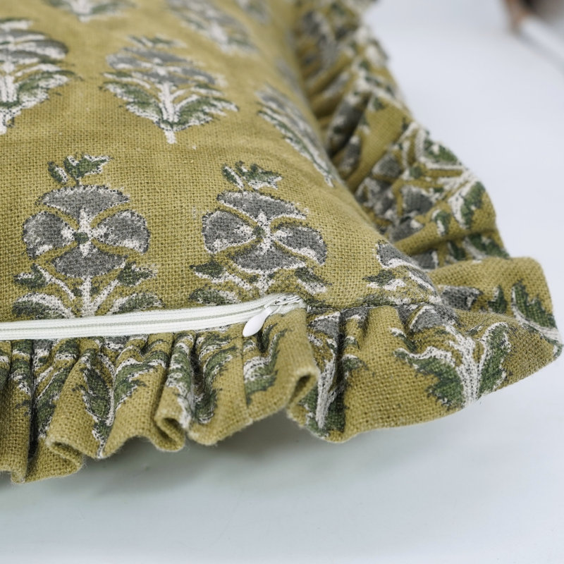Fabdivine Accent Decorative thick linen Frill Pillowcase cushion, throw (Mor Mukut, Green), Square, 18"H x 18"W