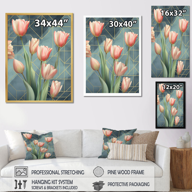 Tulipe géométrique - impressions murales florales, H 32 po x l 16 po x P 1 po, Cadre naturel flottant