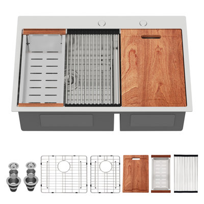33'' L 60/40 Double Bowl Drop-In Kitchen Sink SUS304 Stainless Steel Sink With Ledge Workstation And Accessories