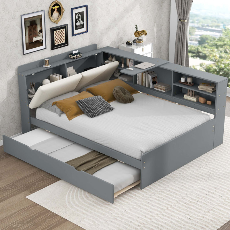 Wood Platform Bed with Trundle,Shelves and Storage Headboard, Grey, Full