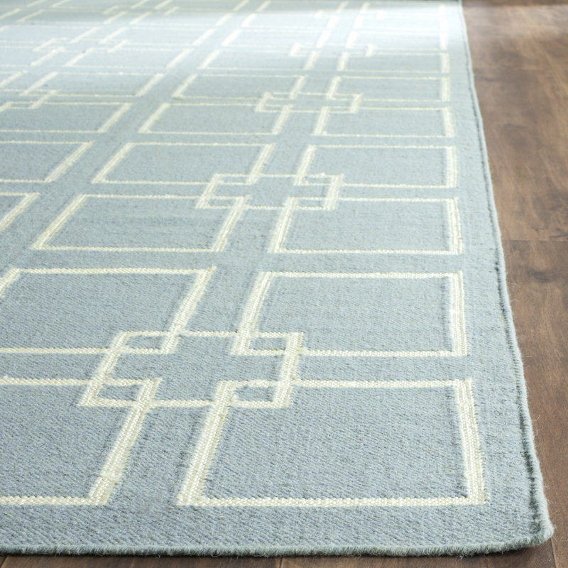 Tapis géométrique en laine, soie et coton à tissage plat Martha Blue, Rectangle 3 pi x 5 pi