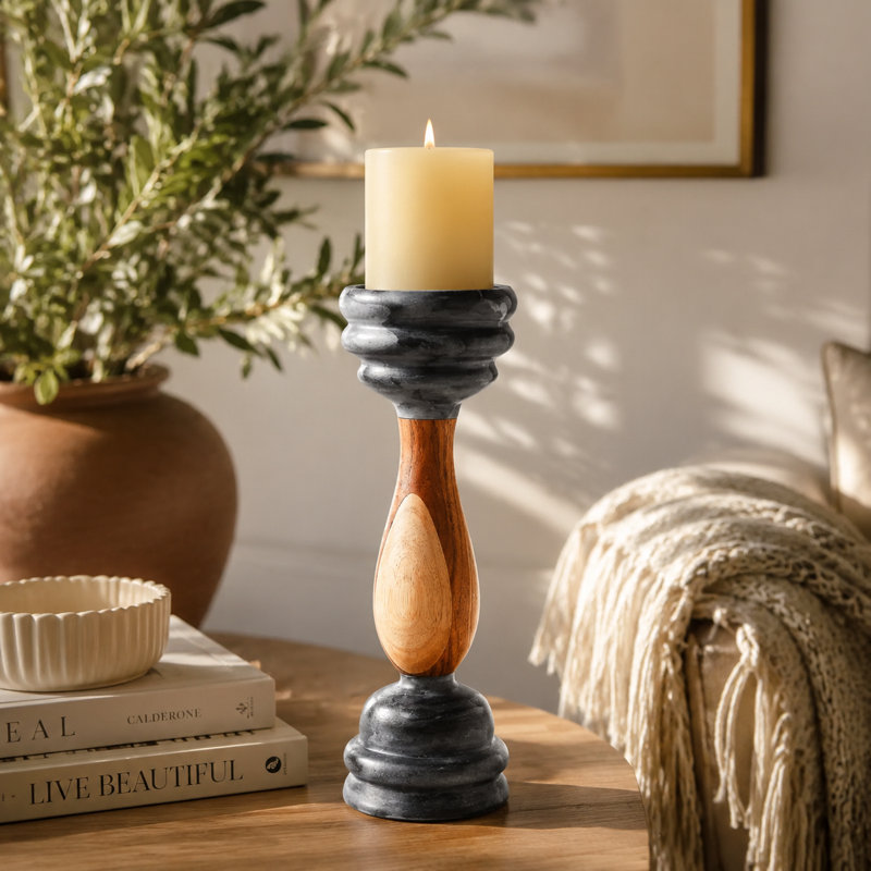Handcrafted Marble & Wood Black Pillar Candleholder, Black