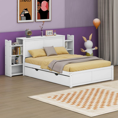 Lit plateforme Henlee Katelon avec tablettes coulissantes et lit gigogne simple