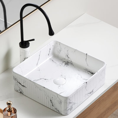 15"X15" Inch Round Bathroom Vessel Sink, Marble - Coated Porcelain, Heat And American Design 14.68" Wide Ceramic, Scratch Finish
