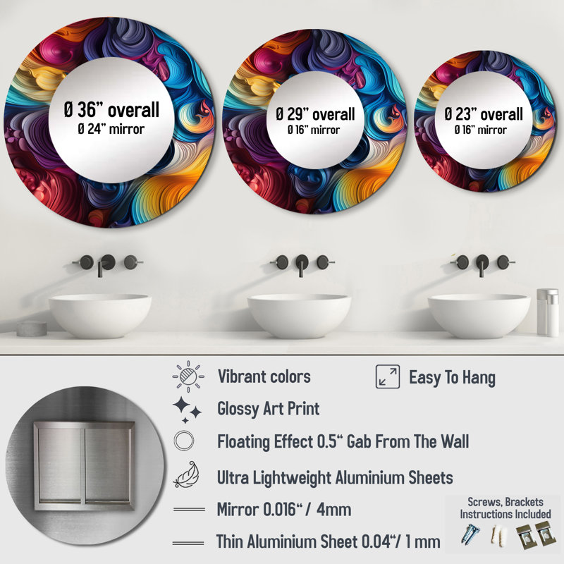 Popart psychedelic Swirls - miroir décoratif abstrait, miroir mural moderne, impression d'art en métal, 36 po x 36 po, Rond