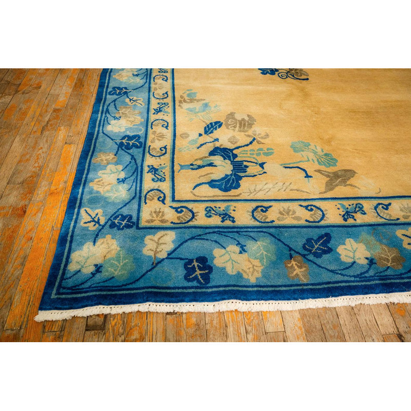 1920s Large Size Bold Yellow Field Handknotted Art Deco Wool Antique Chinese Rug