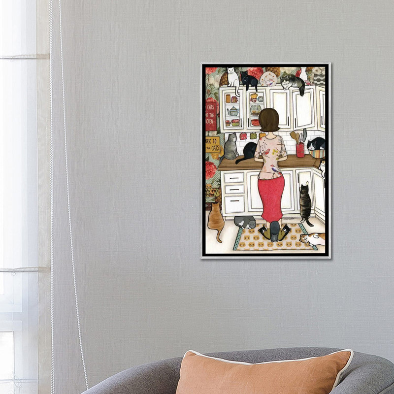 « Feed the Cats » par Jamie Morath-impression, Pas de tapis, H 26 po x l 18 po x 1,5 po, Toile avec cadre argenté