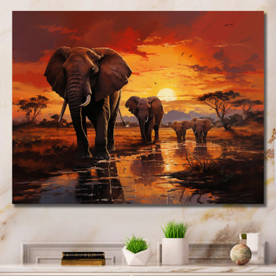 Photographie d'un éléphant d'Afrique au coucher du soleil II - Éléphant, reproduction sur toile encadrée