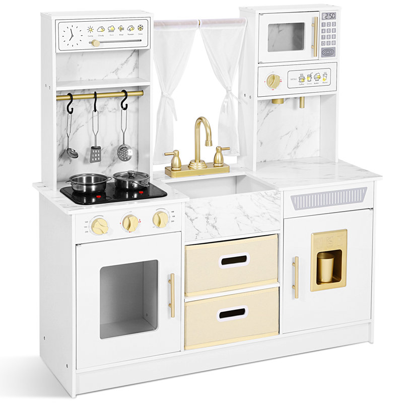 Joyldias Corner Marble Wooden Pretend Kids Play Kitchen With Curtain, Toddler Kitchen Toys Playset With Removable Fabric Drawers
