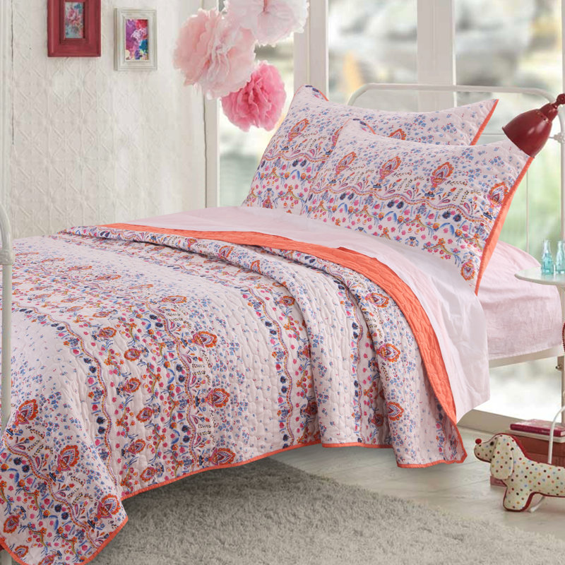 King Size Blue and Coral Microfiber Reversible Quilt Set