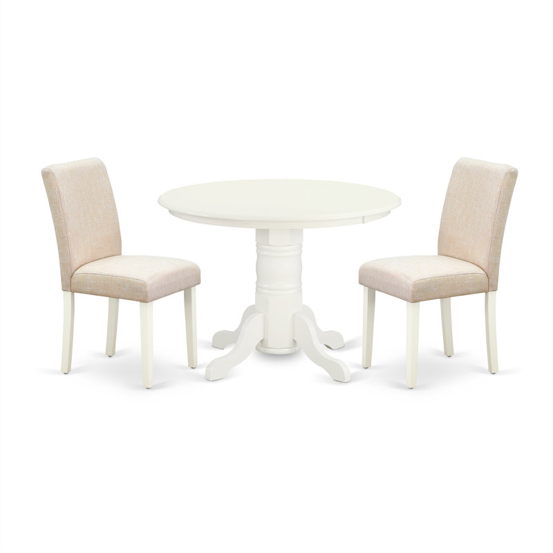 3 Piece Dining Table Set Contains a Round Dining Room Table with Pedestal and 2 Light Beige Linen Fabric Parsons Dinette Chairs, Linen White