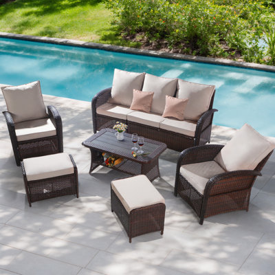 Ensemble de conversation pour patio en osier 6 pièces avec chaises inclinables, repose-pieds et housse de mobilier