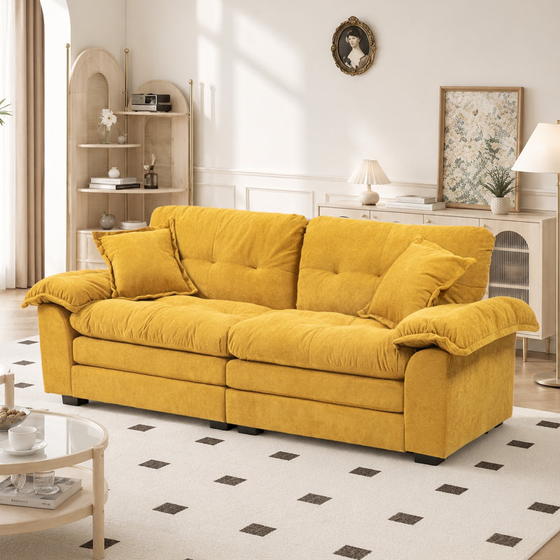 Geneveve 84" Chenille Upholstered Pillow-Top Arm Loveseat Sofa with Memory Foam Cushions and Pocketed Coil Springs, Yellow
