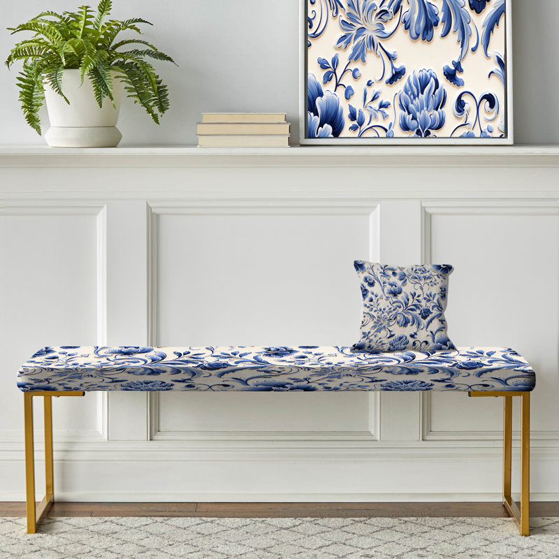 Banc bleu rembourré à motif floral victorien bleu Renaissance