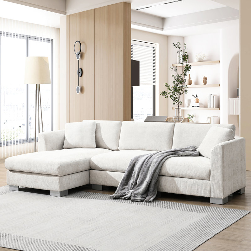 Canapé d'angle moderne et luxueux, 244 x 142 cm, en forme de L, revêtement en chenille, méridienne surdimensionnée, 4 coussins (dont 2 inclus), idéal pour la maison, le bureau ou un appartement. Coussin de dossier confortable, pieds argentés. Canapé d'angle Cloud.