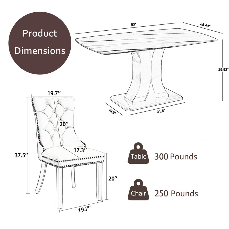 Rectangle Marble Texture Pedestal Dining Set with Velvet Tufted Dininig Chair, Blue, White, 5 Pieces: Table 4 Chairs