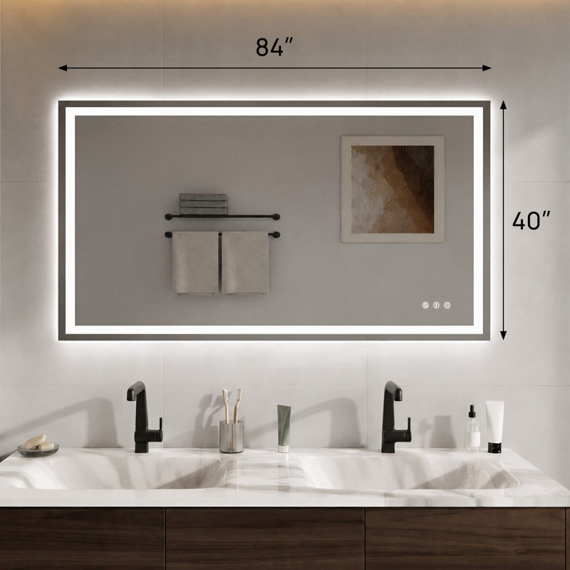 Miroir de salle de bain à DEL avant et rétro éclairé 84 po x H 40 po - antibuée, lumière tricolore à intensité variable, capteur tactile, fixation murale horizontale / verticale