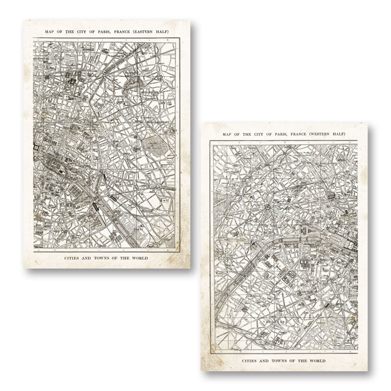 «Old Fashioned Paris France City and Street Map», ensemble de 2 reproductions d'impressions, H 24 po x l 16 po x P 0,01 po