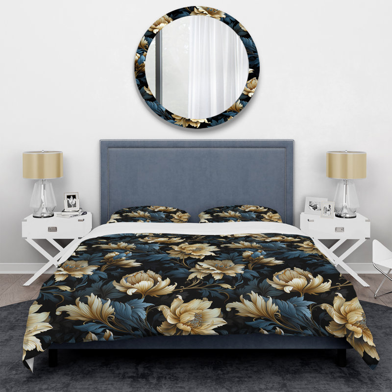 Ensemble de housse de couette damassé bleu foncé et doré Techno, Housse de couette pour très grand lit et 2 très