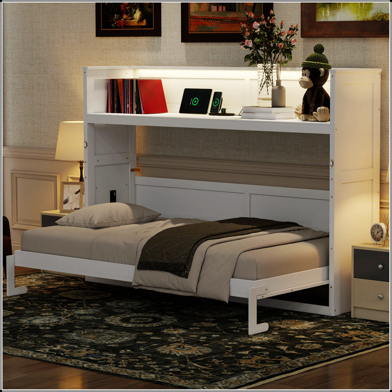 Lit escamotable simple TG avec bureau, lumière DEL et station de charge USB pour la vie moderne, blanc