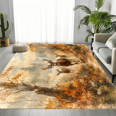 Tapis de paysage d'automne forêt de cerfs, motif imprimé nature sauvage, tapis antidérapant lavable à la machine, décoration intérieure artistique pour salon, chambre à coucher, bureau, salle à manger, couloir, appartement