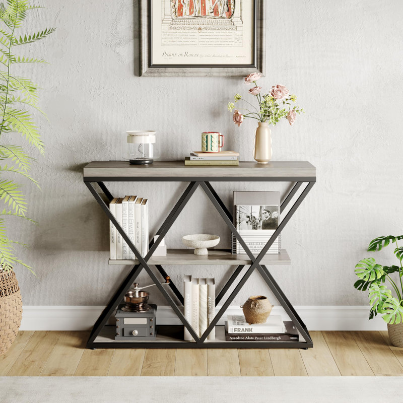 Table d'entrée à 3 niveaux, console industrielle avec rangement, table d'appoint avec tablettes ouvertes, structure en métal en forme de X, table d'entrée, couloir, gris