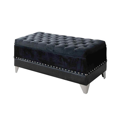 Stylish Black Trunk With Mirror Legs And Decorative Nailhead Trim - Glamorous Look Large Surface Ornamental Spacious Storage