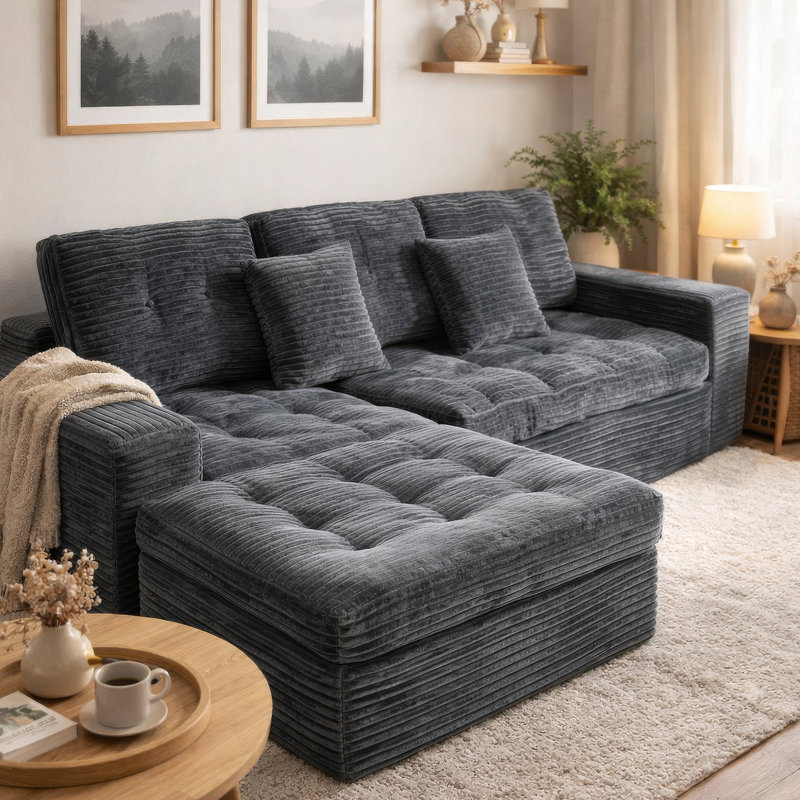 Ensemble de canapé modulaire Cloud, canapé modulaire de 105 po avec repose-pieds, mousse pure, velours en fausse fourrure de lapin, canapé de salon confortable bleu gris