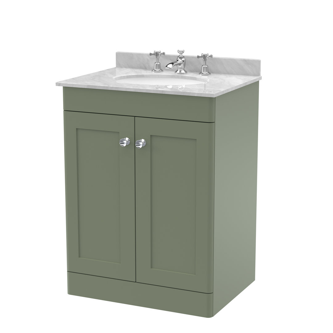 nuie Classique 600mm Floor Standing Unit - 2 Door - Satin Green and Grey - Marble Basin - 3 Tap Hole - Image 3